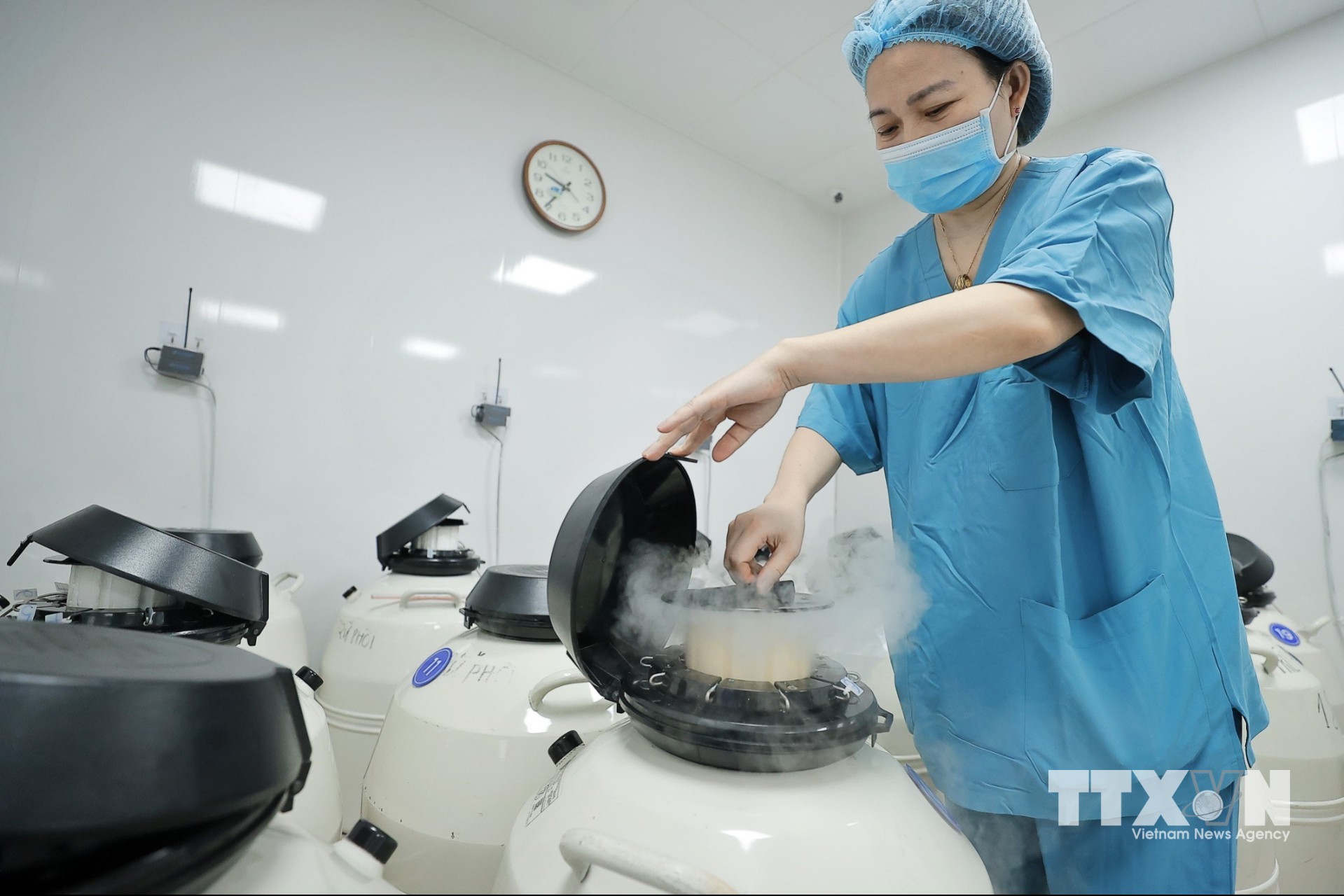 Khu vực bảo quản phôi đông lạnh ở nhiệt độ -196 độ C. (Ảnh: Minh Quyết/TTXVN)